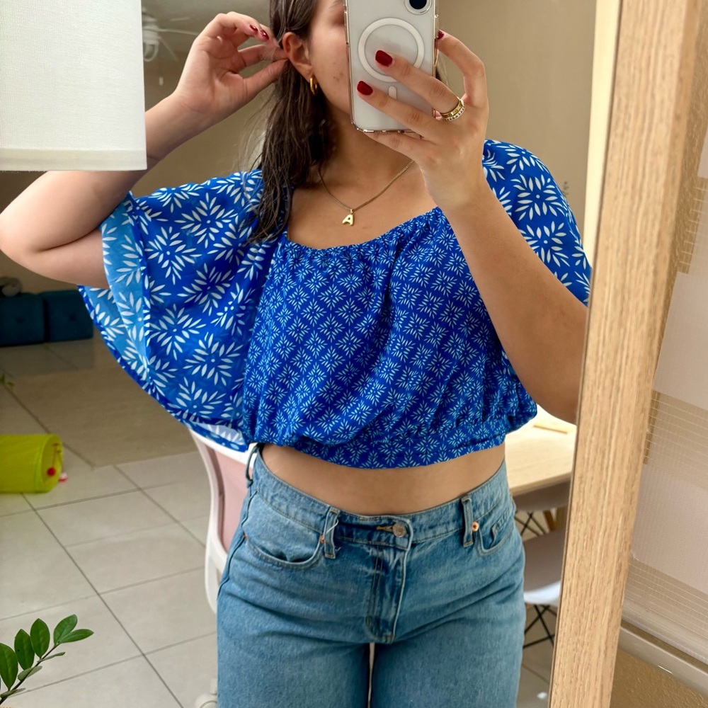 Blue and White Patterned Blouse